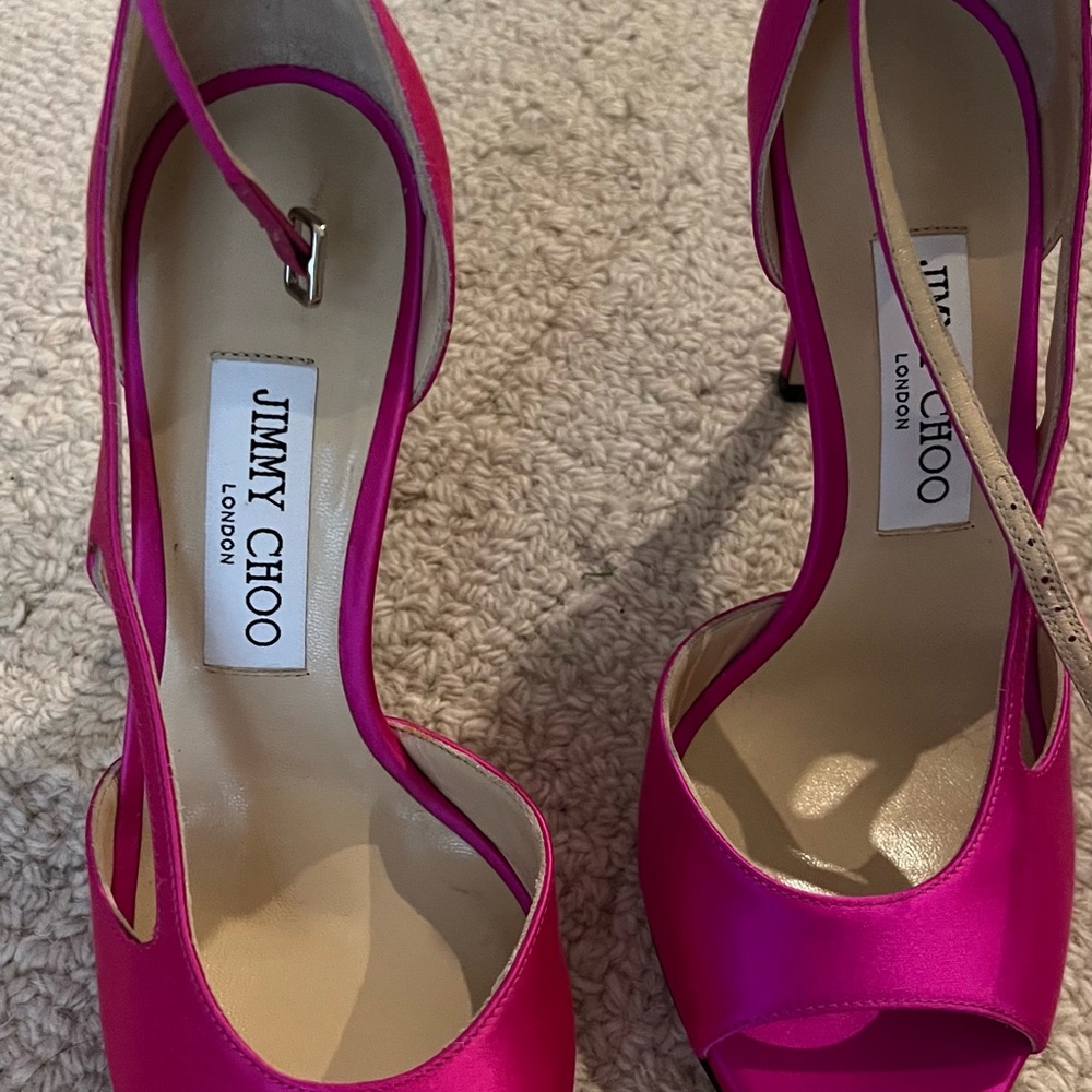 Jimmy Choo Hot Pink Satin Peep-Toe Ankle Strap Heels